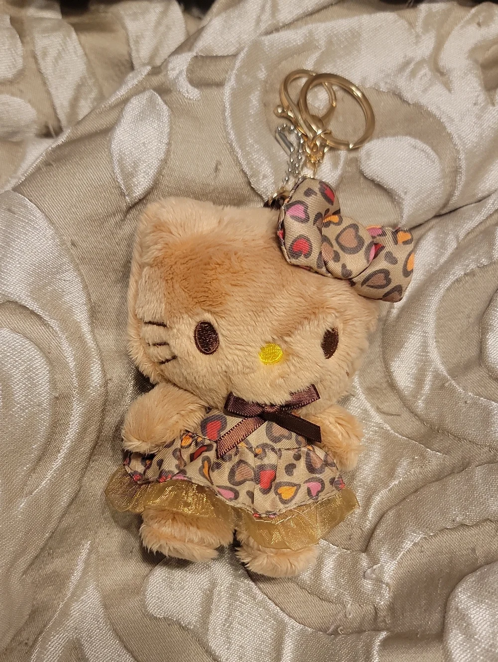 Plush Beige Kitty Keychain with Heart-Print Bow